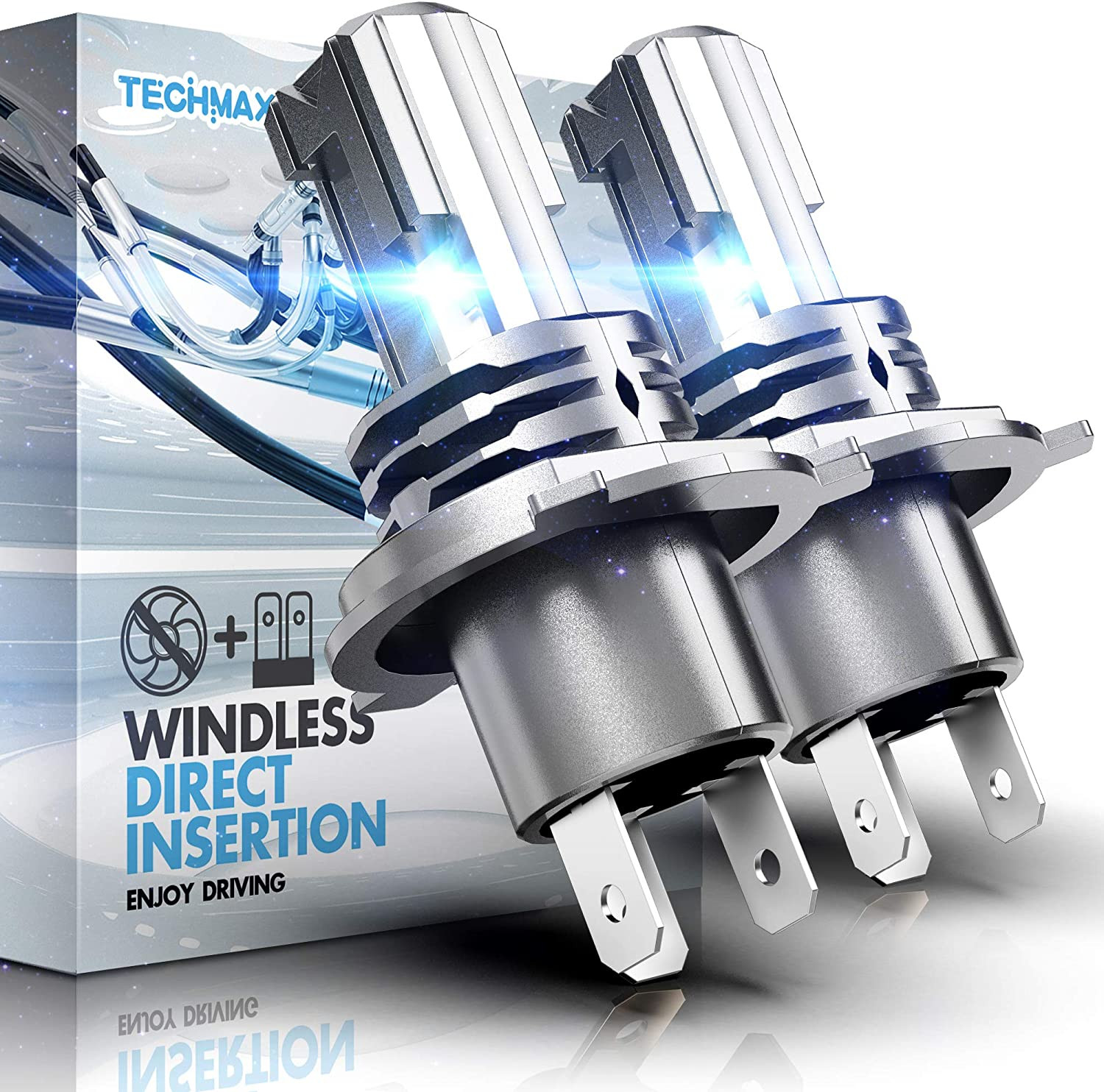 TECHMAX H4/9003 LED Headlight Bulb, Windless Direct Insertion